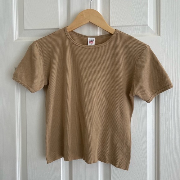 Redone Hanes 90’s Cap Sleeve T-Shirt Ribbed Crew Neck Sand Beige Baby - Picture 4 of 6